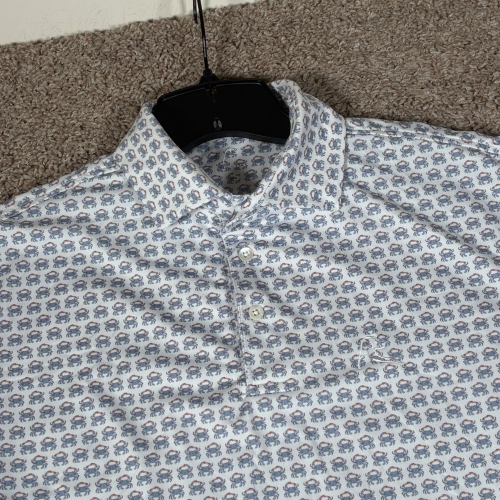 Rhoback Mens Performance Polo Shirt Small White Blue Red Crab Print Short Sleeve